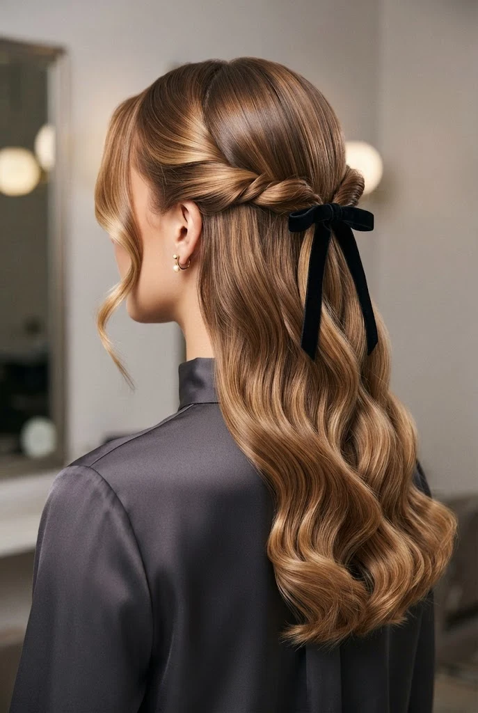 Youthful Half-Twist with Velvet Bow — peinados elegantes sueltos style outfit