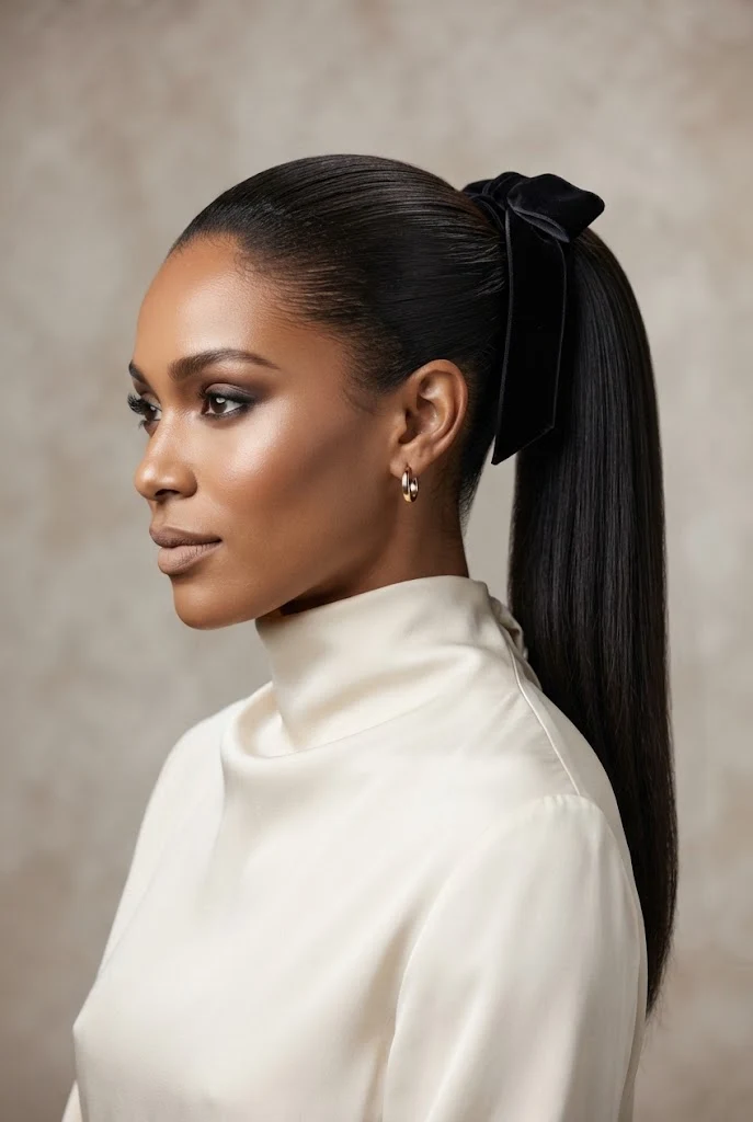 The Velvet Bow Ponytail Wrap — peinados elegantes y faciles style outfit