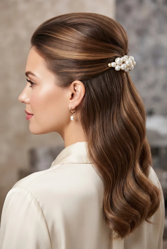 The Polished Half-Up Pearl Clip Style — peinados elegantes y faciles style outfit