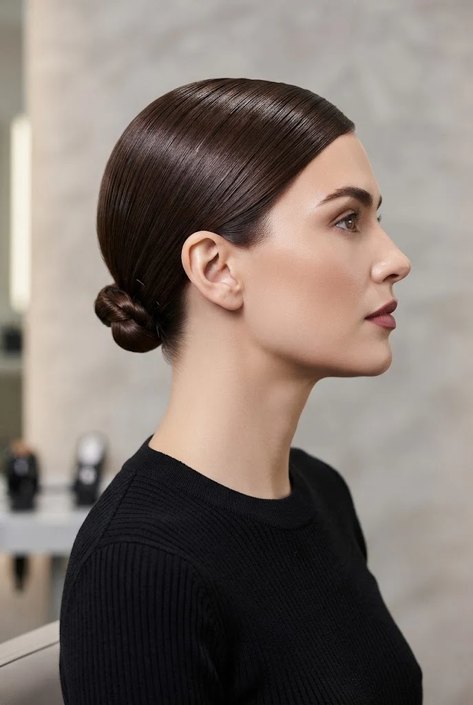 Sleek Low Micro-Chignon — peinados fáciles para cabello corto style outfit