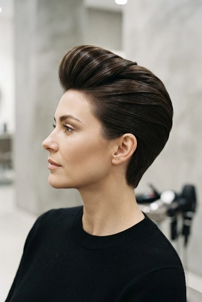 Sleek Volume-Boosted Pompadour — peinados fáciles para cabello corto style outfit