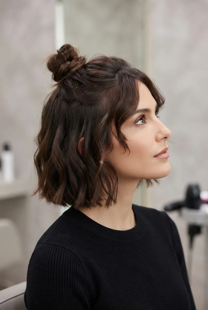 Half-Up Top Knot for Bobs — peinados fáciles para cabello corto style outfit