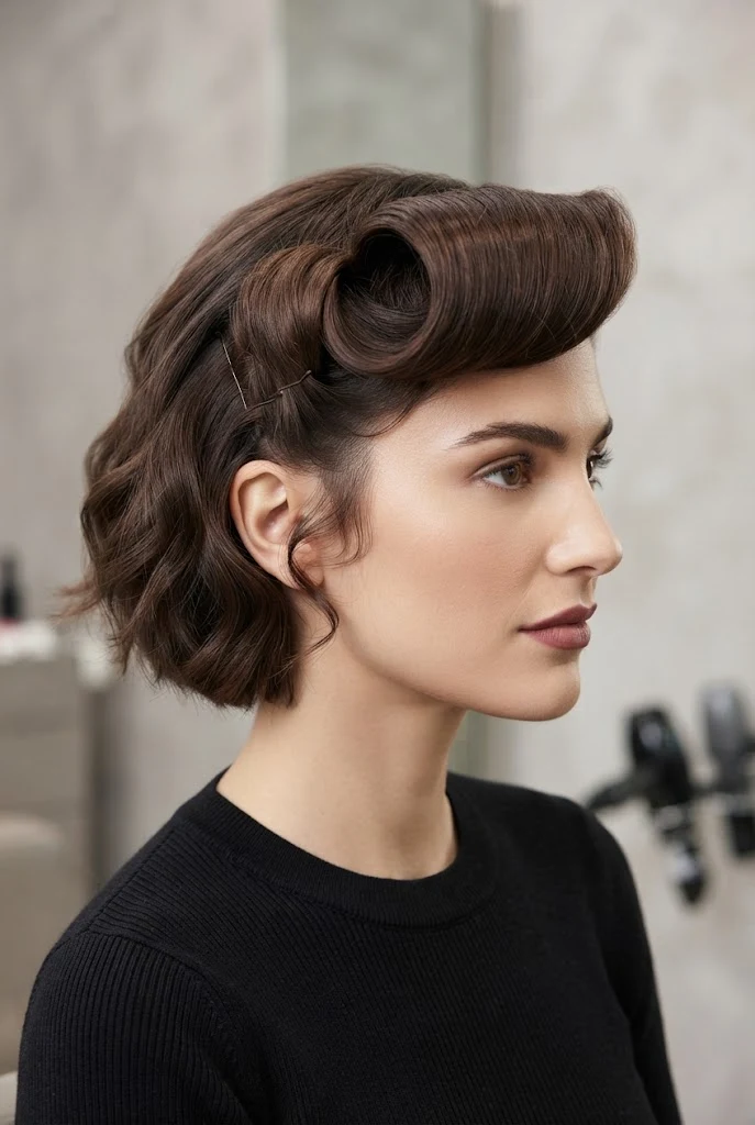 Retro Pin-Up Side Roll — peinados fáciles para cabello corto style outfit