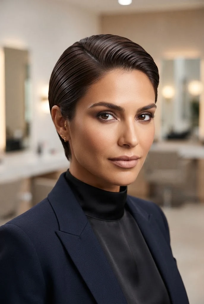 Sleek Back-Brushed Executive Pixie â peinados formales oficina cabello corto style outfit