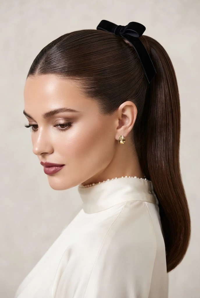 The Sleek Wrapped-Base Pony with Velvet Bow — peinados juveniles elegantes style outfit