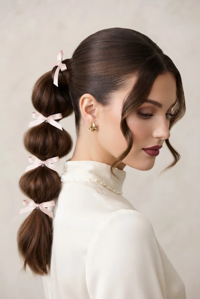 Bubble Ponytail with Satin Ribbon Accents — peinados juveniles elegantes style outfit