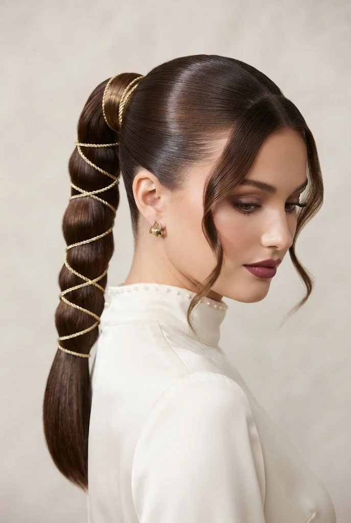 High Ponytail Wrapped in Gold Metallic Cording — peinados juveniles elegantes style outfit