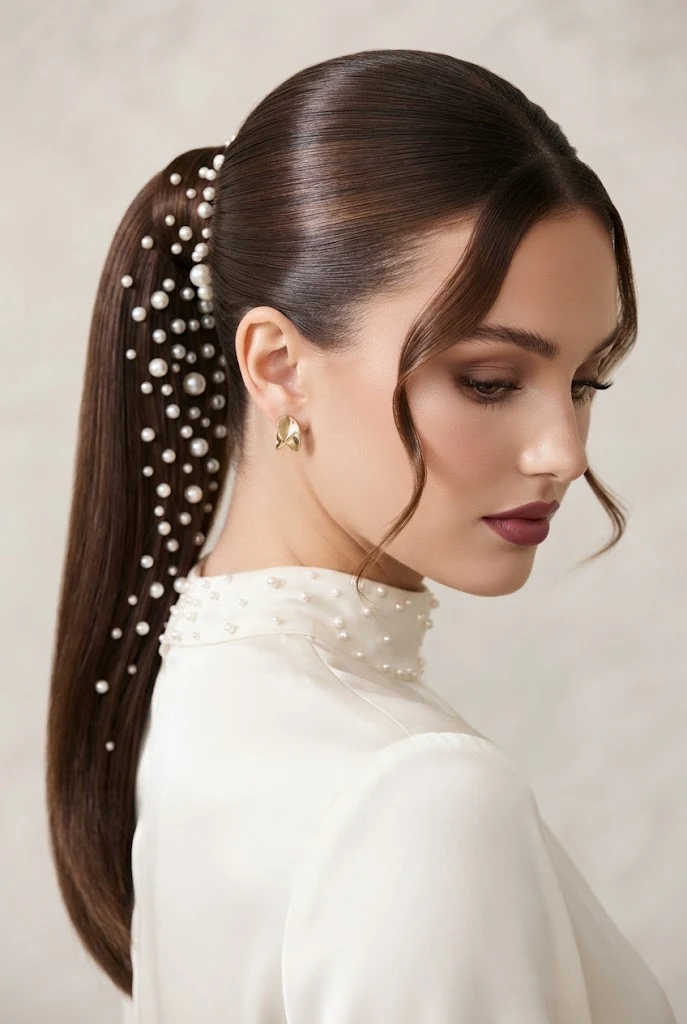Sleek High Tail with Pearl Pin Embellishments — peinados juveniles elegantes style outfit