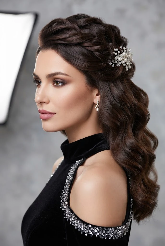 Romantic Pearl-Studded Half-Up Twist — peinados medio recogidos elegantes style outfit