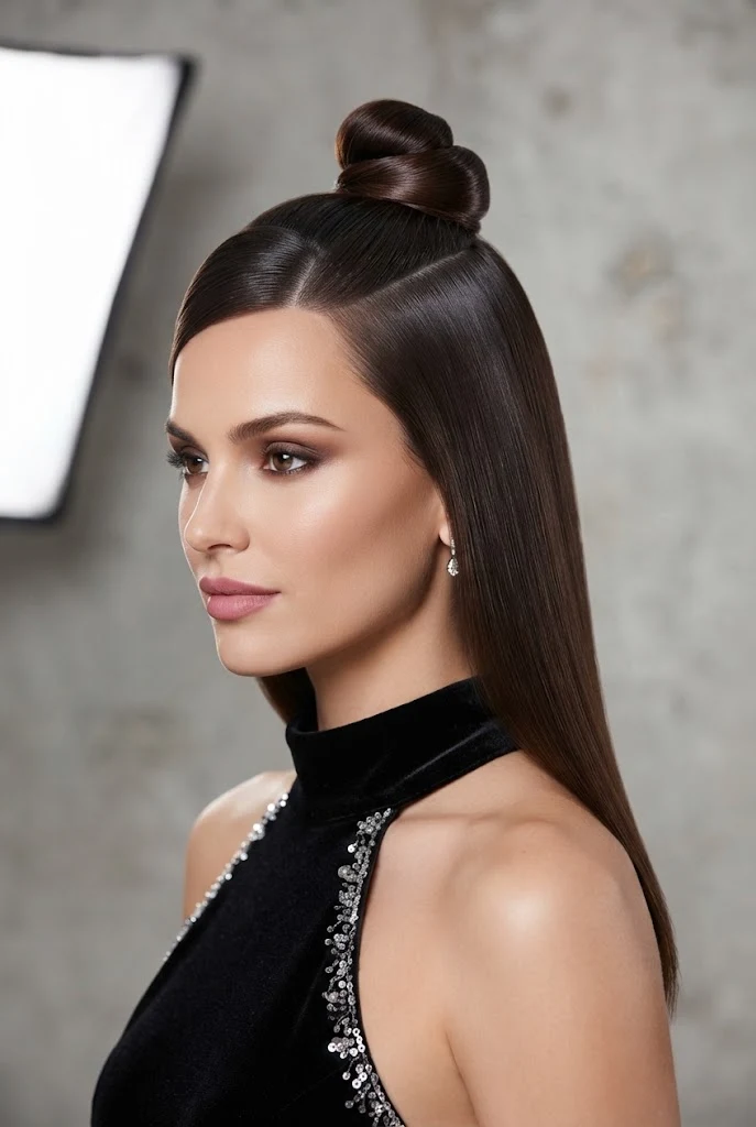 Sleek and Straight Half-Up Top Knot — peinados medio recogidos elegantes style outfit
