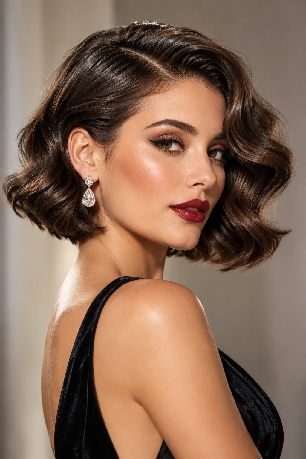 Hollywood Waves with a Deep Side Part — peinados modernos para fiesta de noche cabello corto style outfit