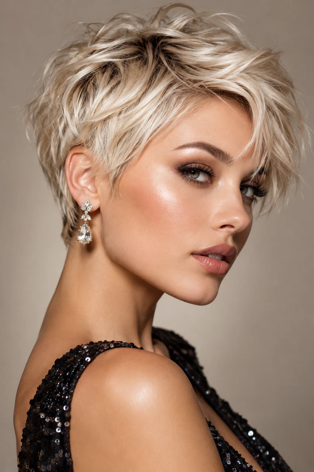 Tousled Platinum Pixie — peinados modernos para fiesta de noche cabello corto style outfit