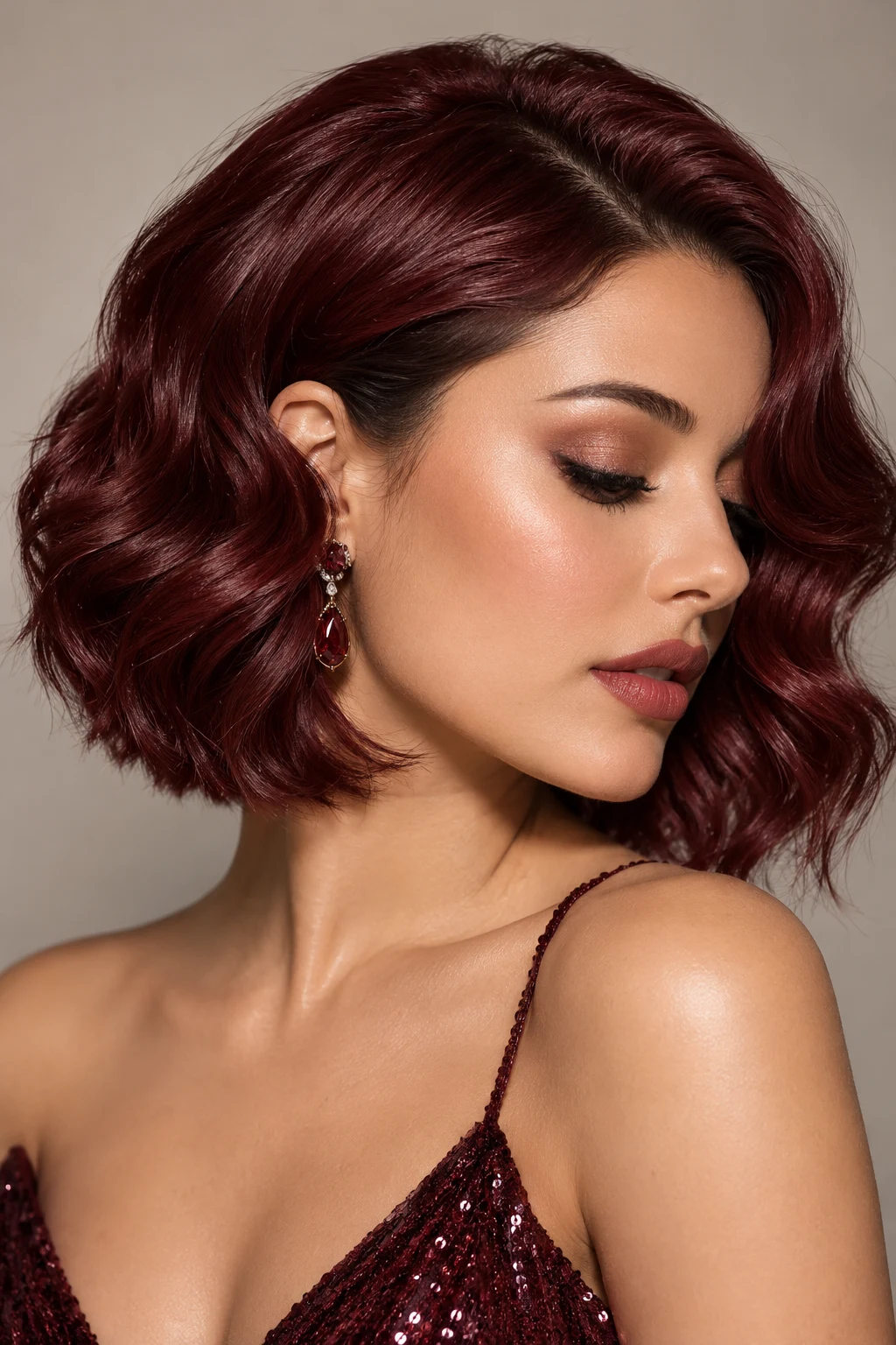 Deep Burgundy Gloss Waves — peinados modernos para fiesta de noche cabello corto style outfit