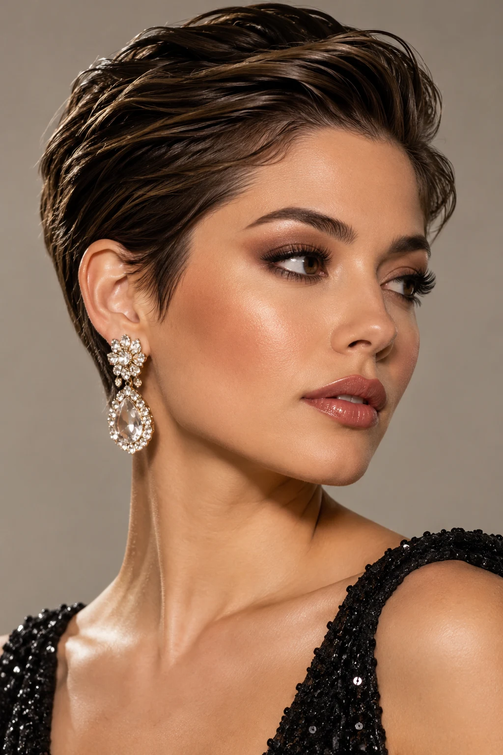 Slicked-Back Pixie with Statement Earrings — peinados modernos para fiesta de noche cabello corto style outfit