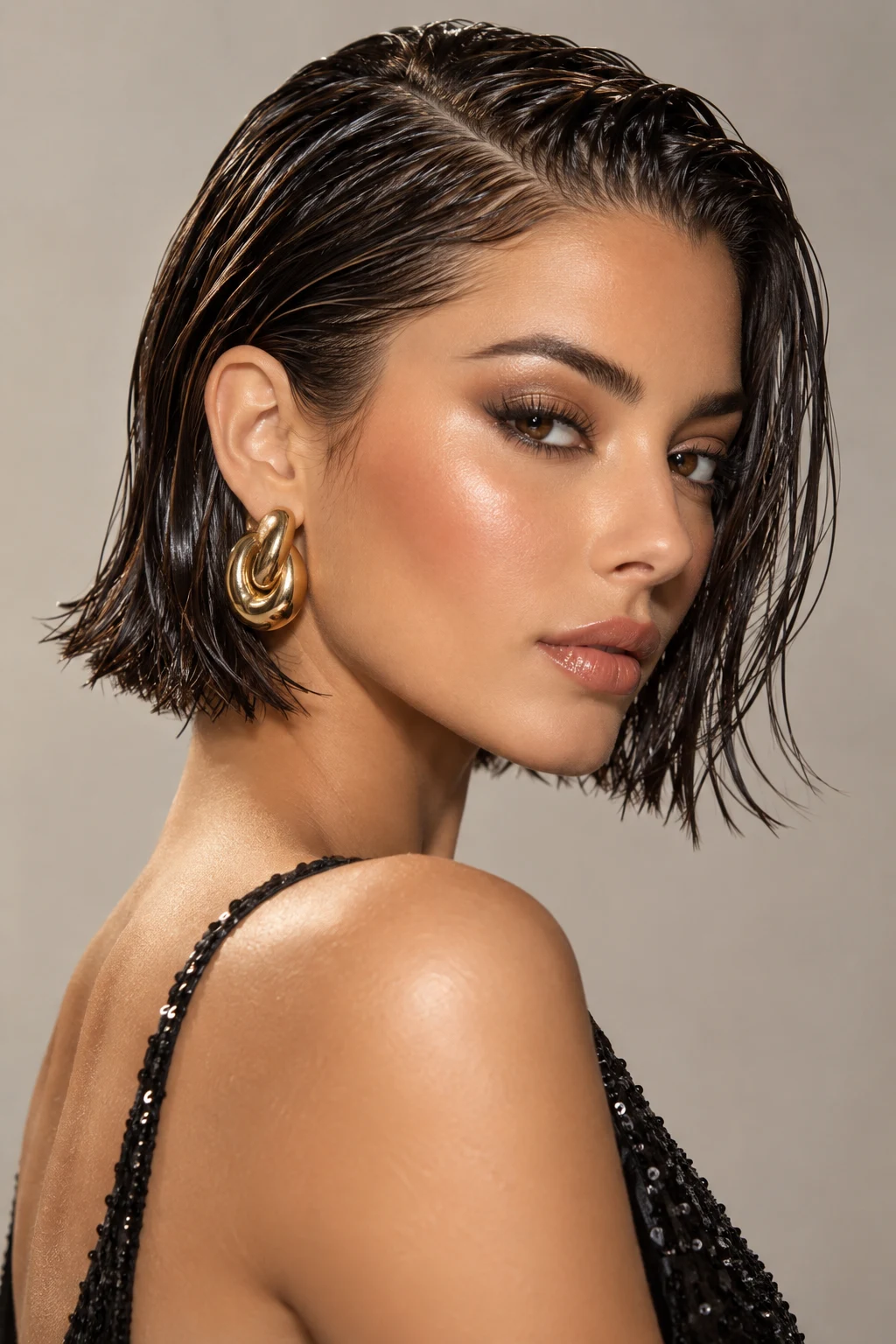 Sleek Wet-Look Bob — peinados modernos para fiesta de noche cabello corto style outfit