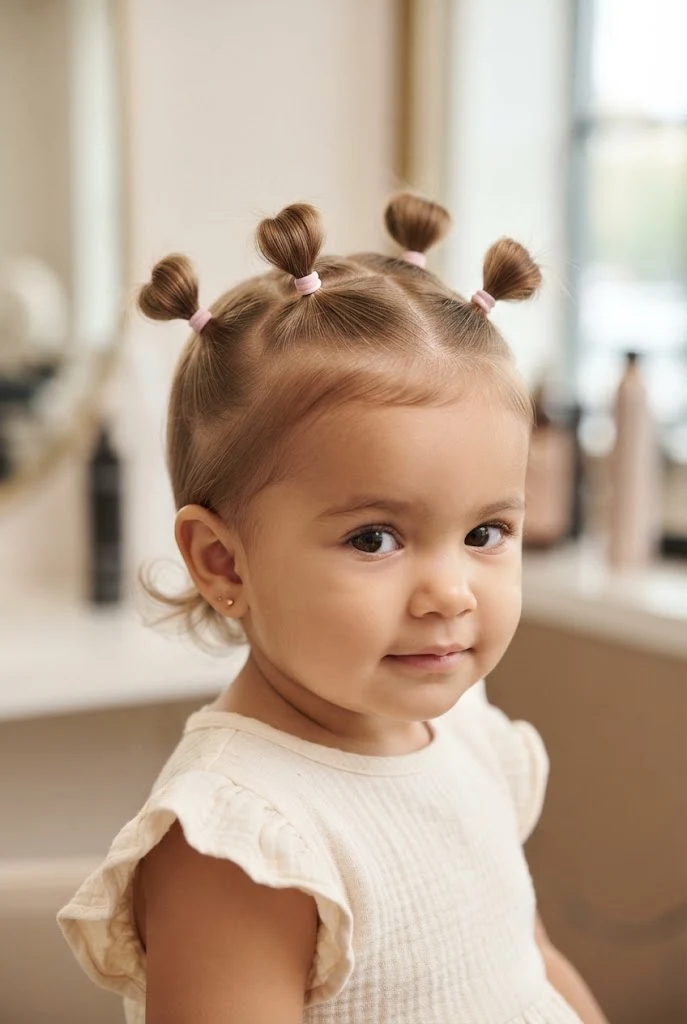 Four-Puff Clover Patch Pigtails â peinados para bebes cabello corto ligas style outfit