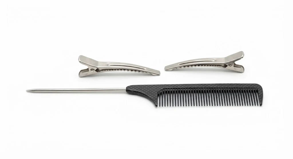 Professional Metal Rat Tail Comb and Sectioning Hair Clips Set