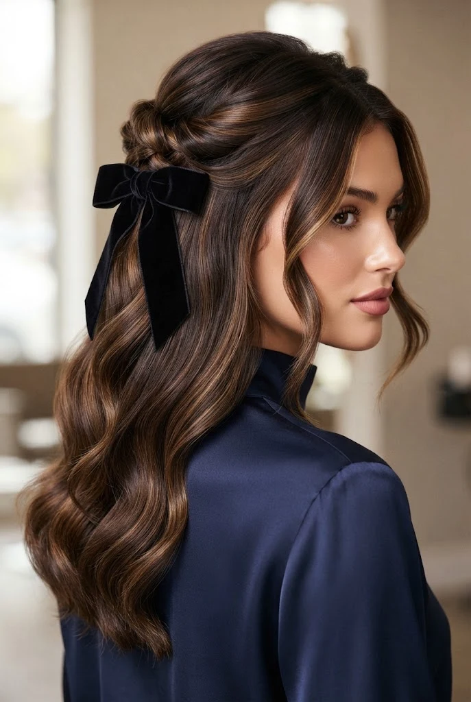 The Velvet-Bow Crown Pinning — peinados para fiestas elegantes suelto style outfit