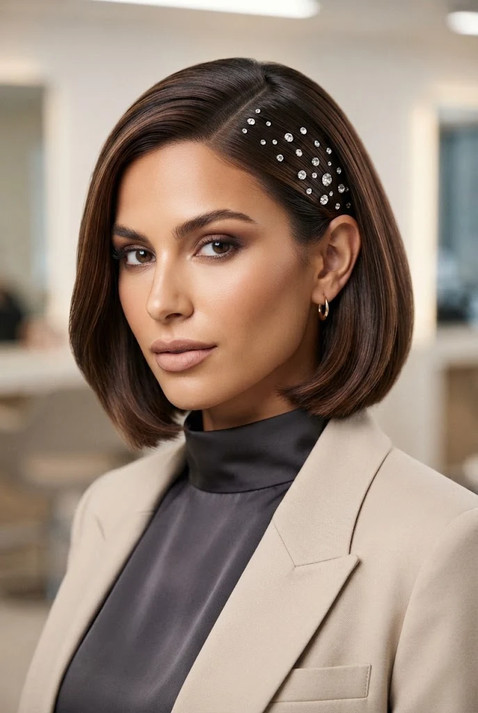 Crystal-Studded Bob Sweep â peinados para promocion cabello corto style outfit
