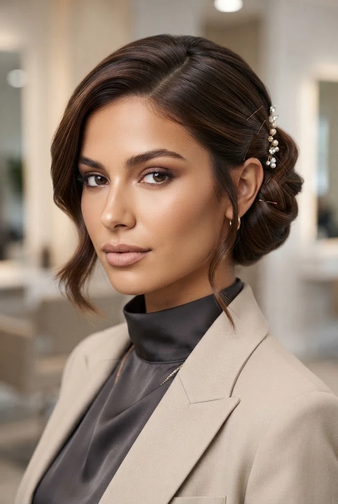 Sleek Side-Swept Pin Updo â peinados para promocion cabello corto style outfit