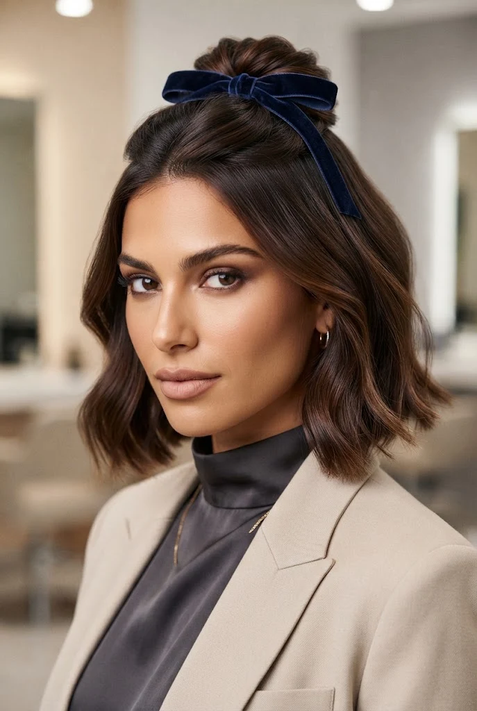 Velvet-Wrapped Half-Up Prom Bob â peinados para promocion cabello corto style outfit