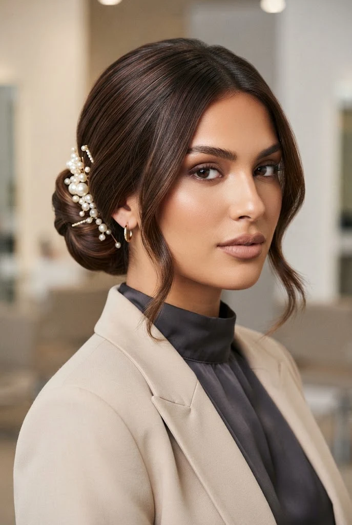Pearl-Infused Sleek Low Chignon â peinados para promocion cabello corto style outfit