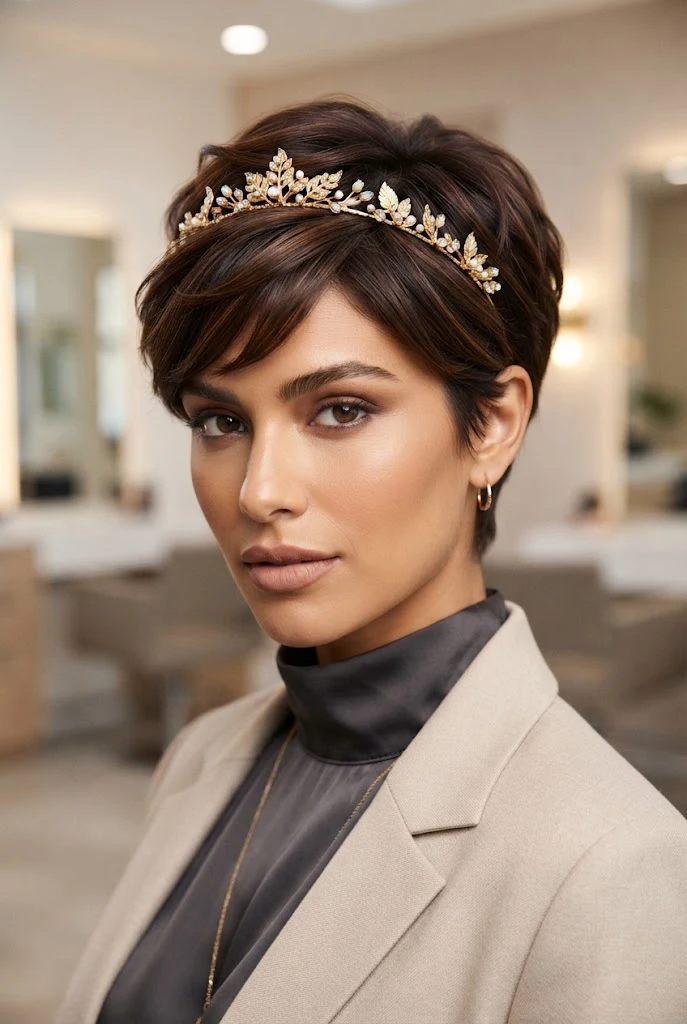 Golden Leaf Crown for Cropped Pixies â peinados para promocion cabello corto style outfit