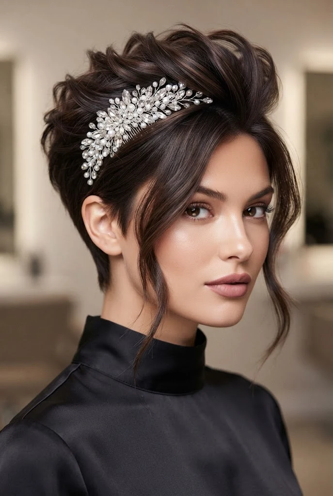 The Glitzy Tiara-Style Comb for Short Hair — peinados pelo corto elegantes style outfit