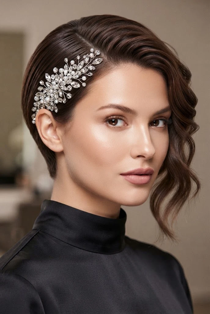 The Crystal-Pinned Side Tuck for Short Hair — peinados pelo corto elegantes style outfit