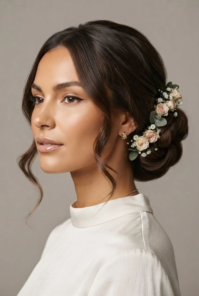 Romantic Rolled Tuck with Floral Pins — peinados recogidos cabello corto boda style outfit