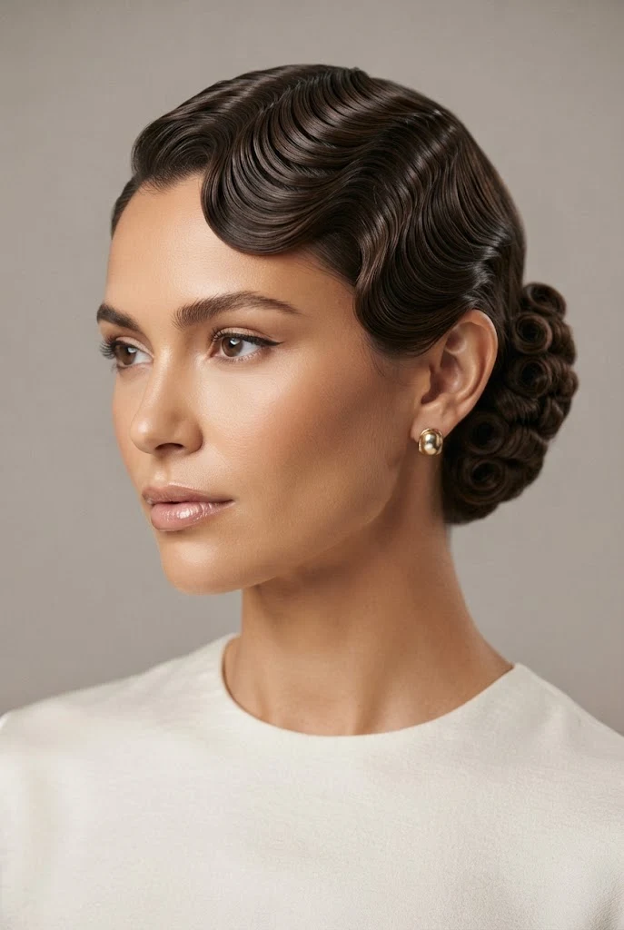 Structured Finger Waves with Pin-Curl Nape — peinados recogidos cabello corto boda style outfit