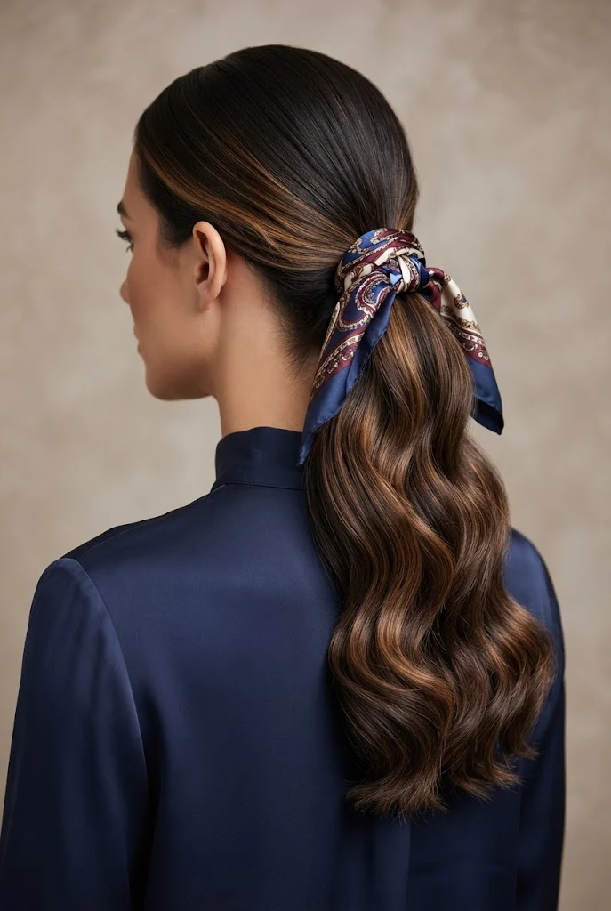 Scarf-Wrapped Half-Up Ponytail — peinados semi recogidos elegantes style outfit