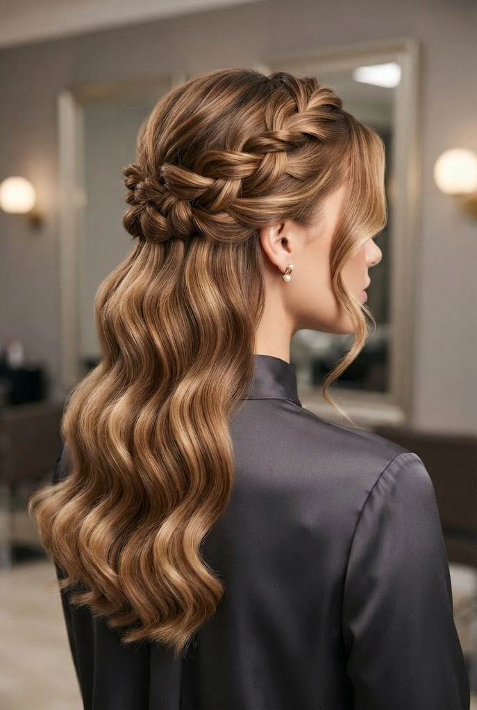 Twisted Crown Half-Up Cascade — peinados semirecogidos elegantes style outfit