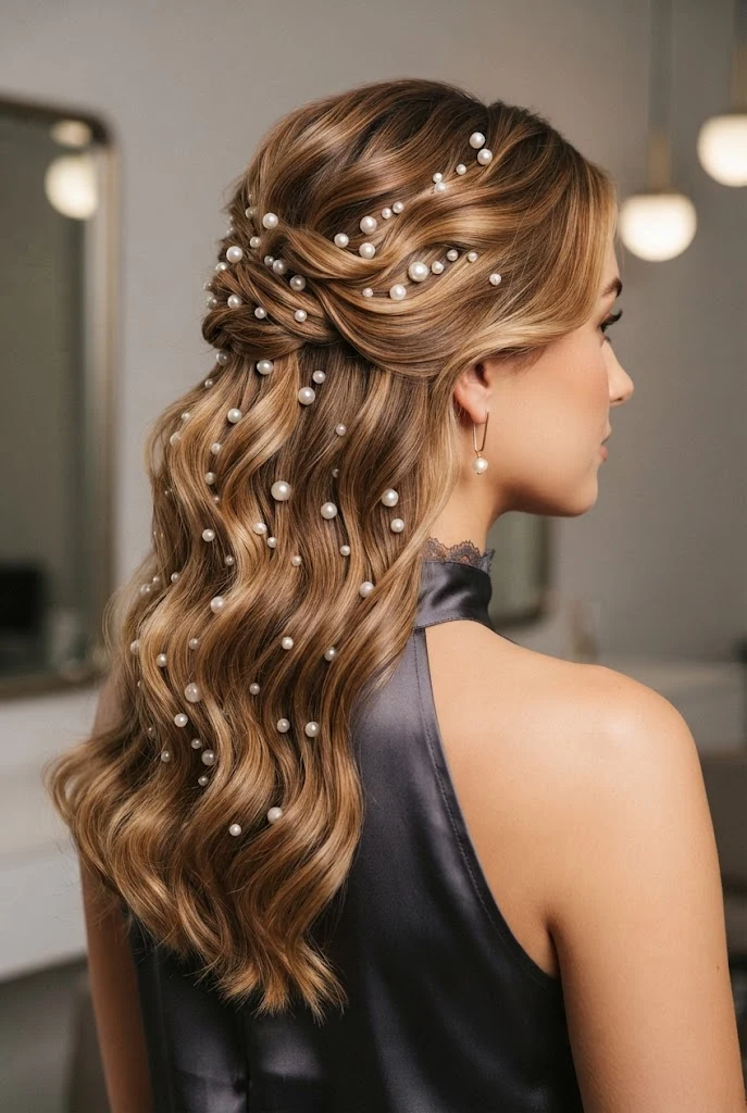 Pearl-Adorned Half-Up Romance — peinados semirecogidos elegantes style outfit