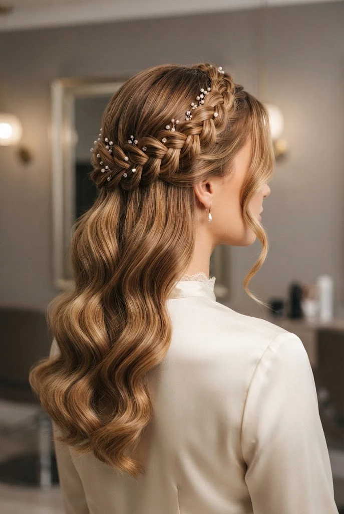 Braided Halo Half-Up for Bodas — peinados semirecogidos elegantes style outfit