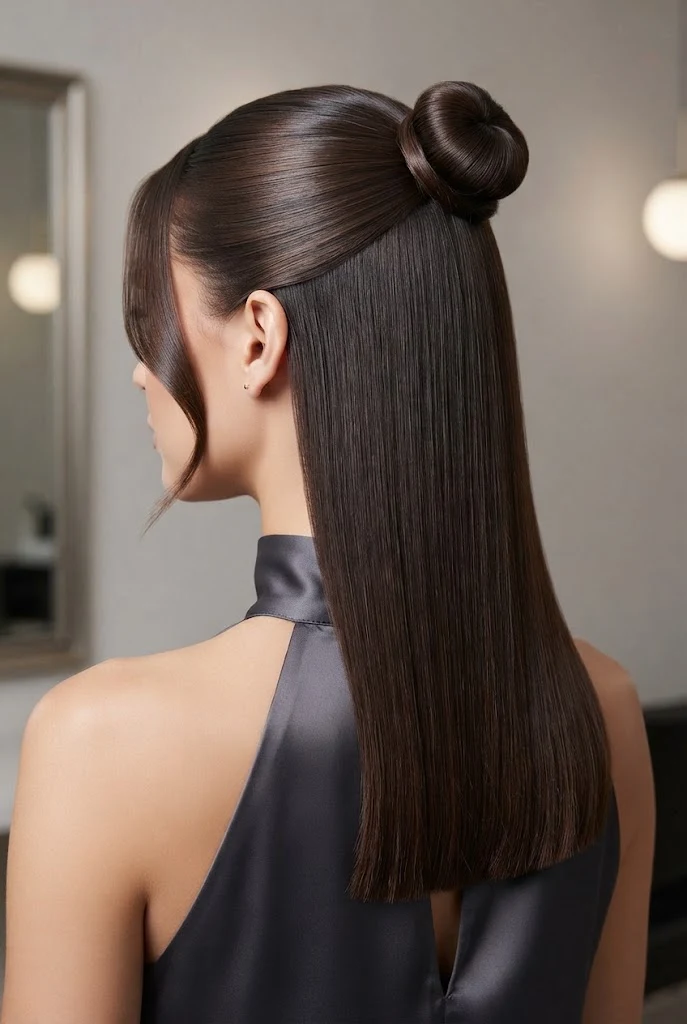 Sleek Glass-Finish Half-Up Topknot — peinados semirecogidos elegantes style outfit