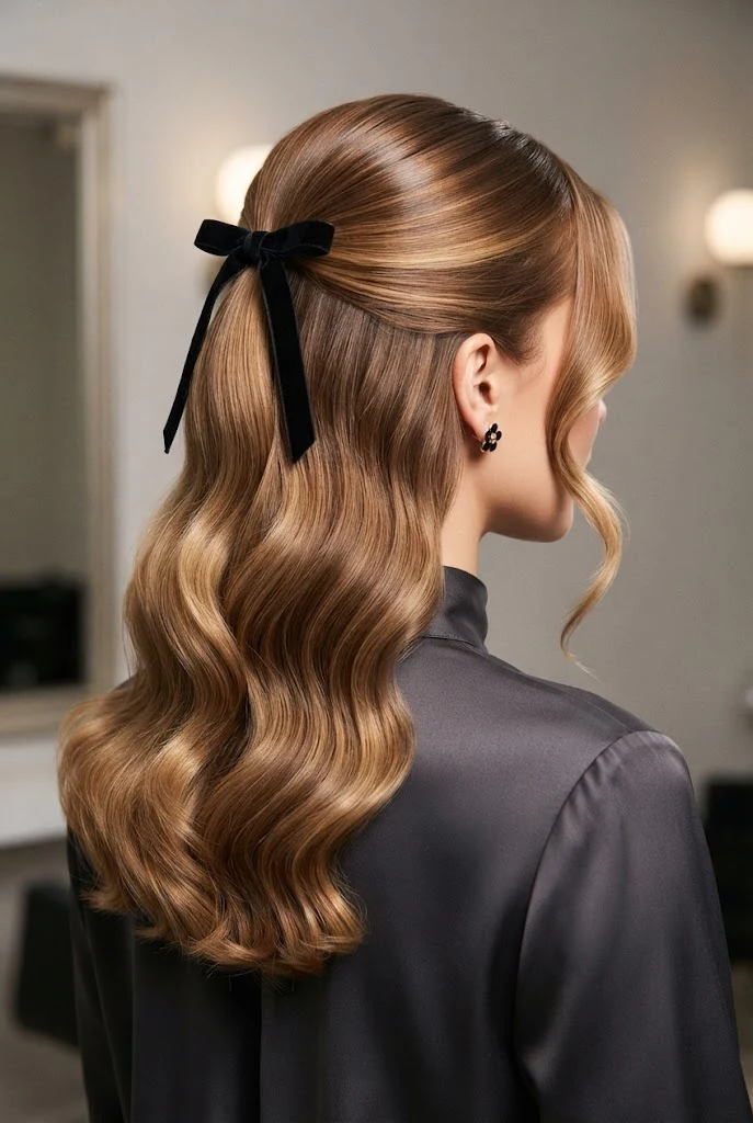 Youthful Half-Up with Velvet Bow — peinados semirecogidos elegantes style outfit