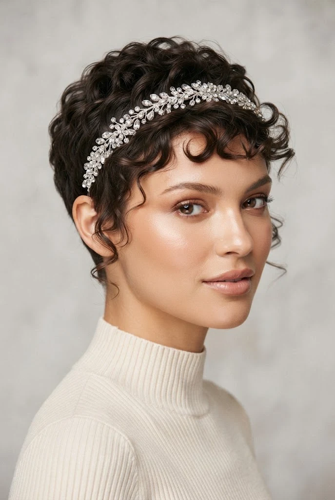 Ultra-Short Pixie with Crystal Headband — peinados sencillos cabello corto fiesta style outfit