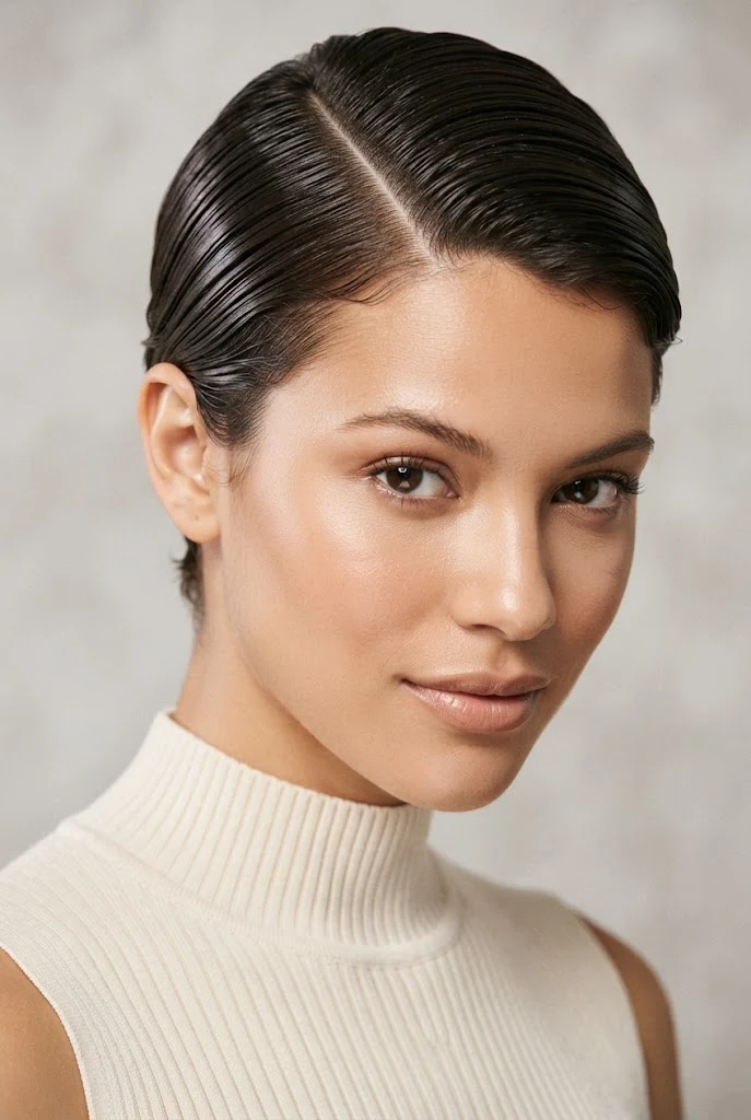 Sleek Wet-Look Pixie with Deep Part — peinados sencillos cabello corto fiesta style outfit