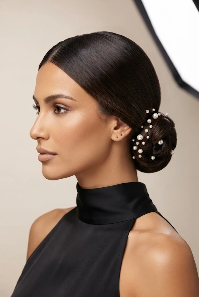 The Sleek Low Knot with Pearl Accents — peinados simples y elegantes style outfit