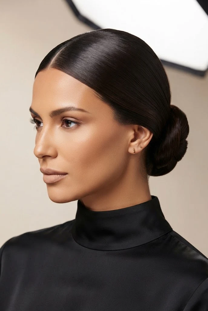 The Sleek Center-Parted Glass Bun — peinados simples y elegantes style outfit