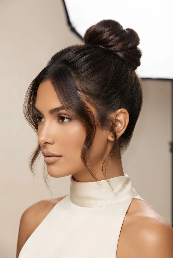 The Polished Top Knot with Soft Edges — peinados simples y elegantes style outfit