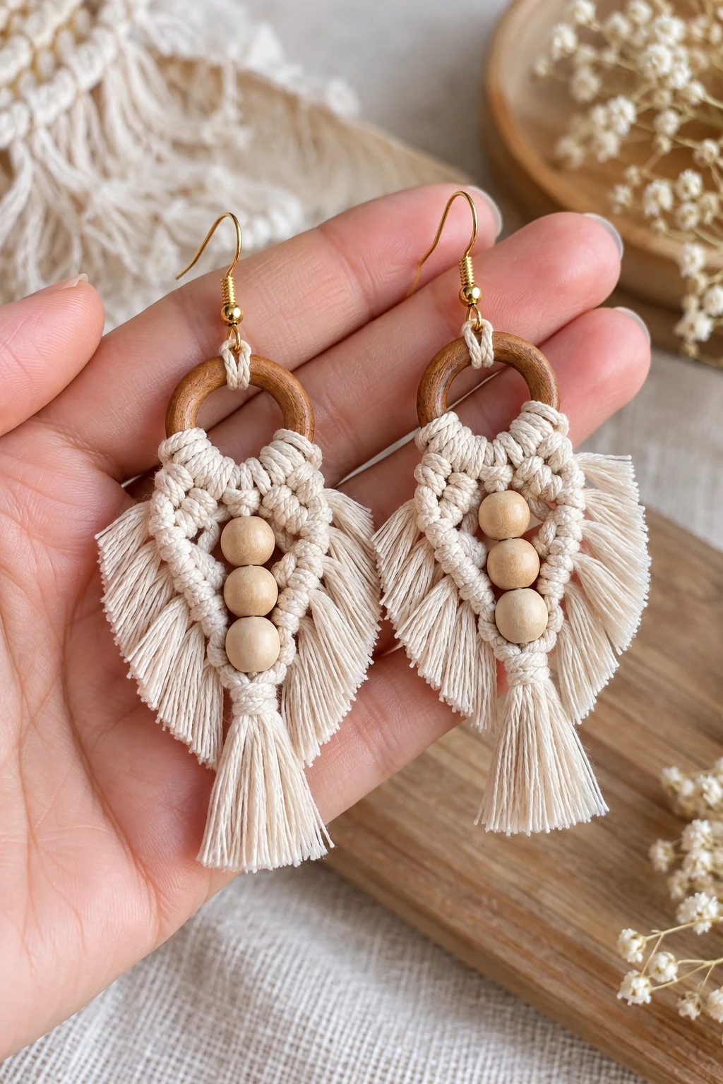 Macrame Earrings With Wooden Beads — pola macrame style outfit