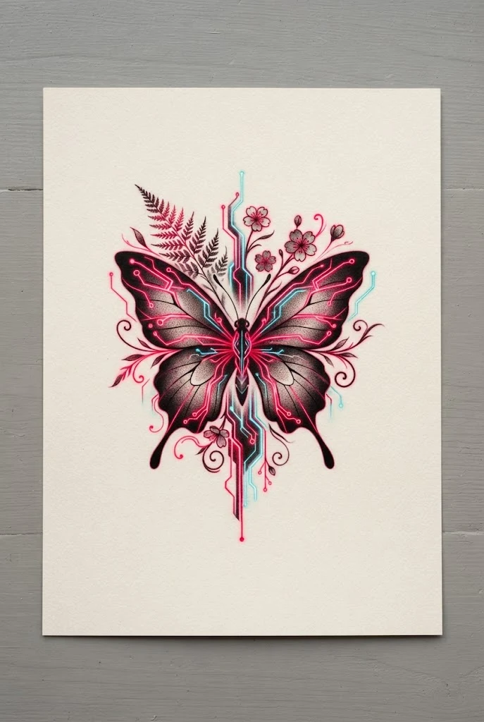 Neon Crimson Cyber-Botanical Fusion — red butterfly tattoo behind ear style outfit