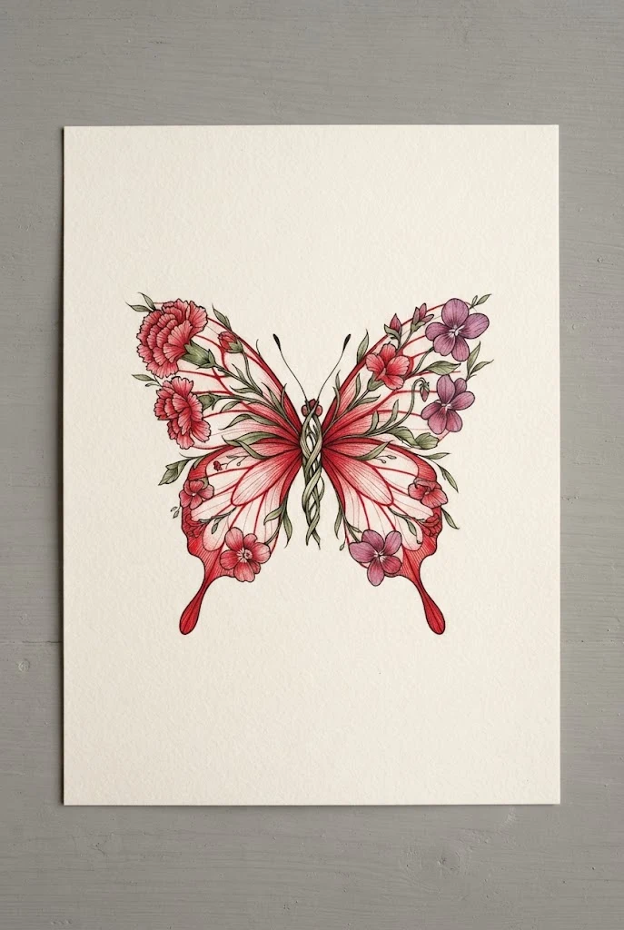 Botanical Birth Month Scarlet Pairing — red butterfly tattoo behind ear style outfit