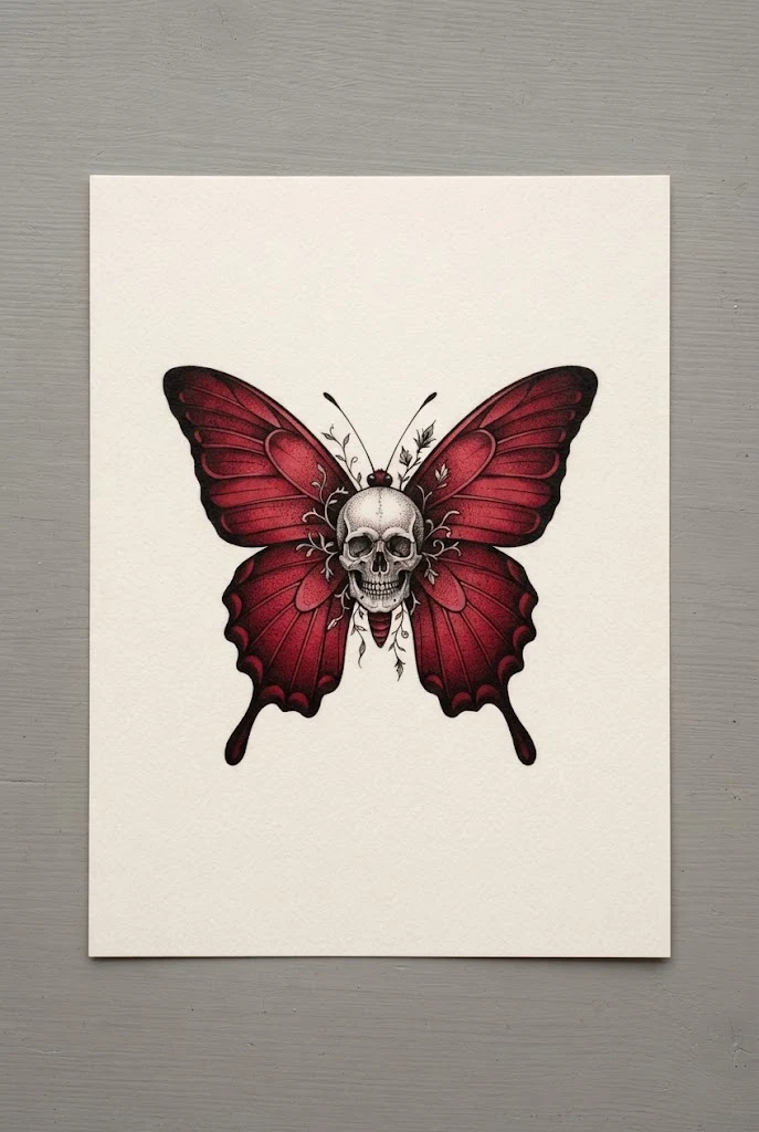 High-Contrast Swallowtail Skull-Adjacent Piece — red butterfly tattoo behind ear style outfit