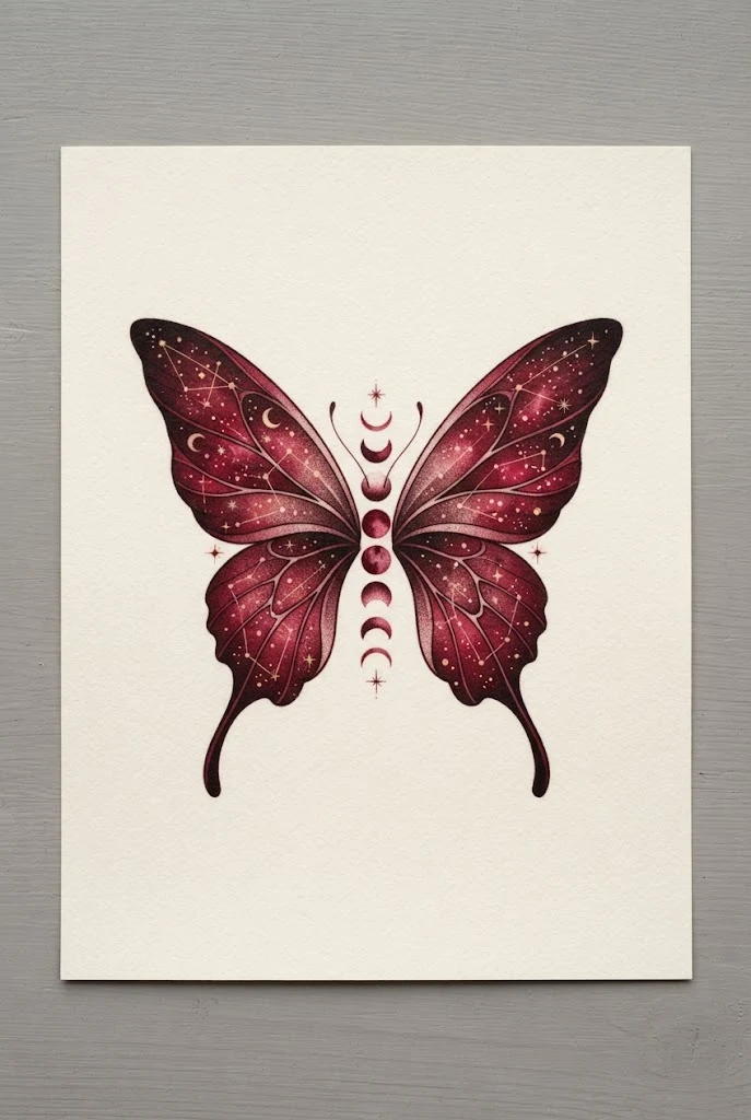 Celestial Crimson Moonlit Wing — red butterfly tattoo behind ear style outfit