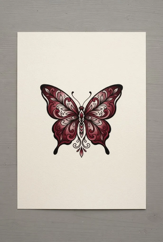 Neo-Traditional Ruby Filigree Accent — red butterfly tattoo behind ear style outfit