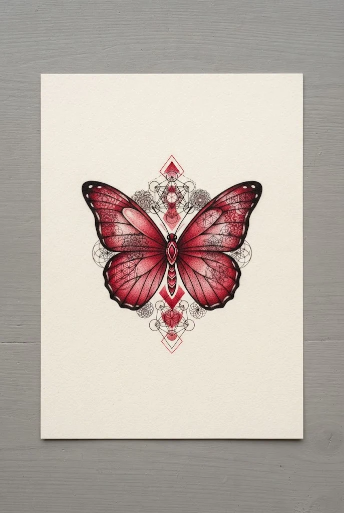 Geometric Sacred Crimson Blueprint — red butterfly tattoo behind ear style outfit
