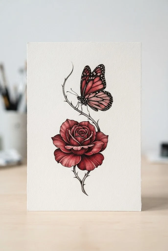 Crimson Blossom and Monarch Flight — rose and butterfly tattoo forearm style outfit